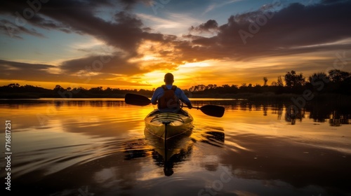 Tourist sails kayak along calm lake at gentle sunrise light discovering wild nature © Stavros's son