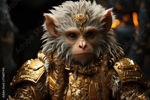 A small white monkey is dressed in a golden uniform.