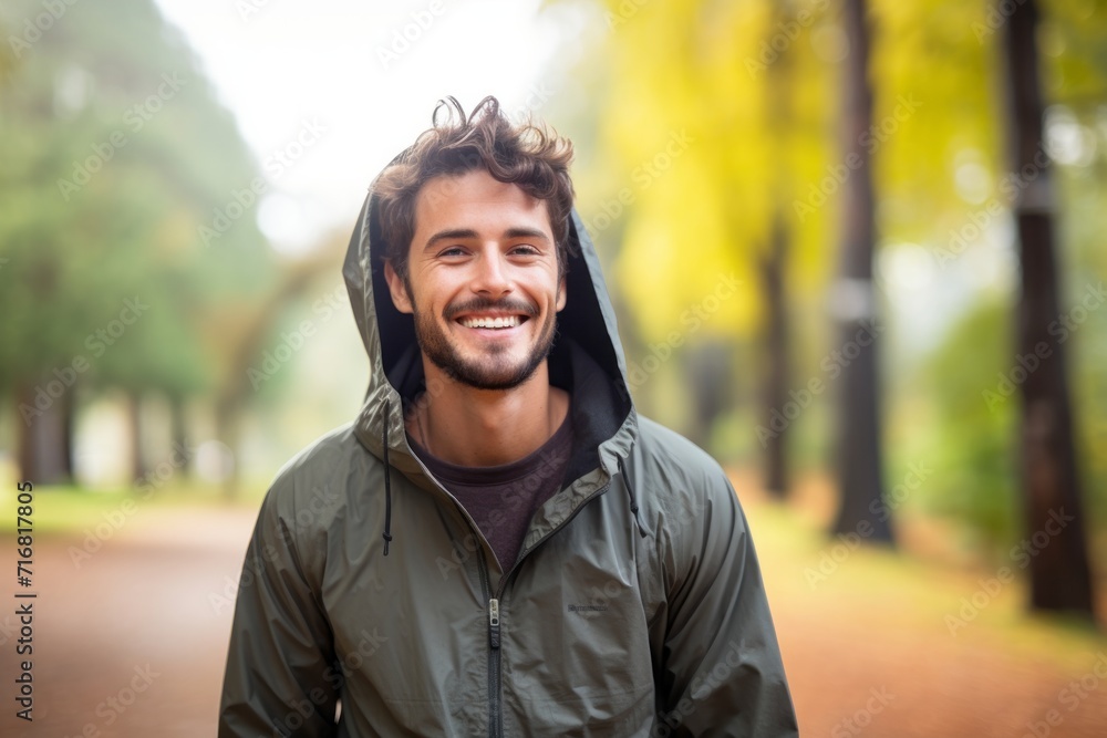 Portrait of a smiling man in his 20s wearing a windproof softshell against a bright and cheerful park background. AI Generation