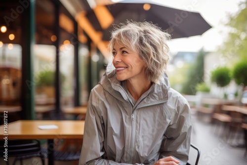 Portrait of a happy woman in her 50s wearing a lightweight packable anorak against a serene coffee shop background. AI Generation photo