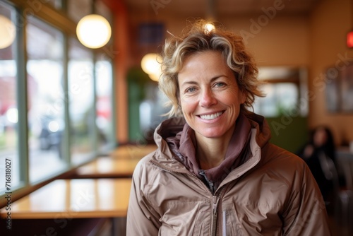Portrait of a happy woman in her 50s wearing a lightweight packable anorak against a serene coffee shop background. AI Generation photo