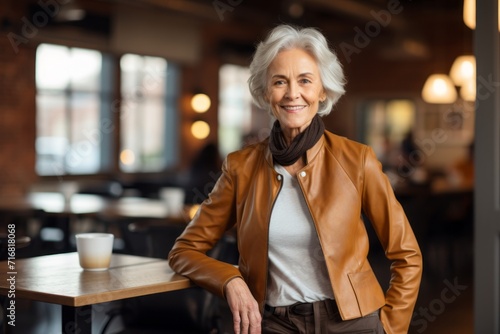 Portrait of a happy woman in her 70s sporting a stylish leather blazer against a serene coffee shop background. AI Generation