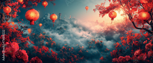 elegant digital illustration for a Chinese New Year celebration, blending classic elements such