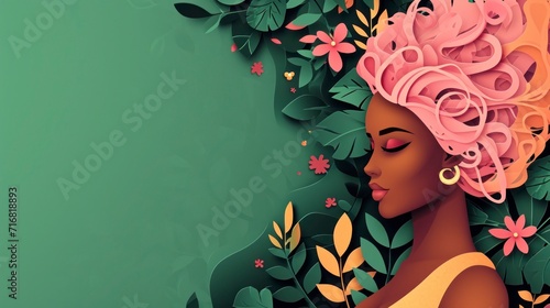 illustrations of handcraft paper made a background with text space of African women with pink hair, #716818893