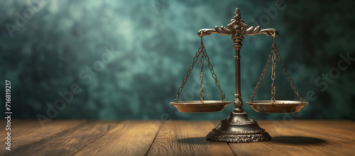 A scale with justice of law and balance of law on wooden background photo