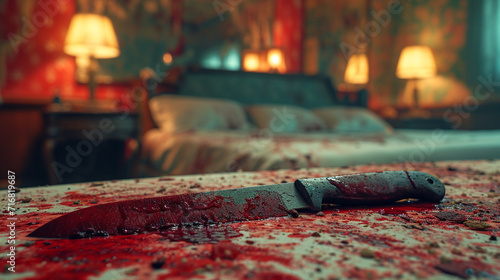 Bloody bedroom with a knife.