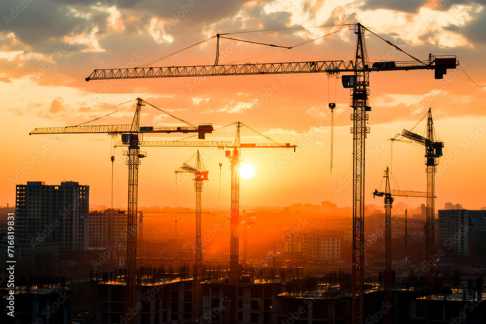 A scenic sunset over a city with multiple construction cranes against an evening skyline, symbolizing growth and development.