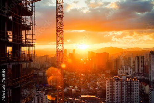 Stunning sunset over an urban skyline with the silhouette of construction cranes and buildings.