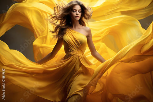 Young model waving in a yellow silk dress,ai generated © Veronica