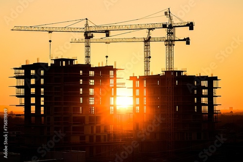 Silhouette of construction site and cranes against a vibrant sunset over urban skyline.