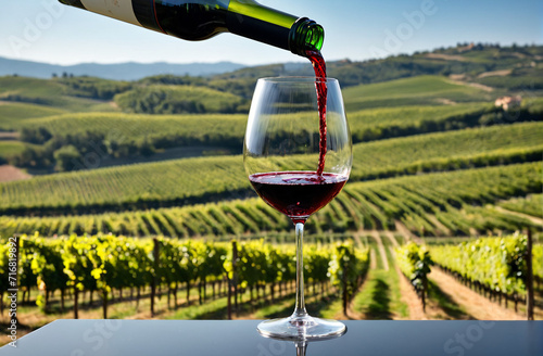 Red wine is poured from a bottle into a glass against the backdrop of a vineyard, beautiful view