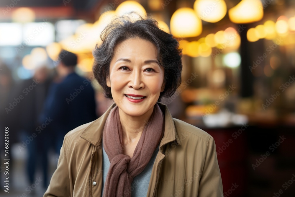 Portrait of a blissful asian woman in her 60s sporting a breathable mesh jersey against a bustling restaurant background. AI Generation Portrait of a blissful asian woman in her 60s sporting a breathable mesh jersey against a bustling restaurant background. AI Generation
