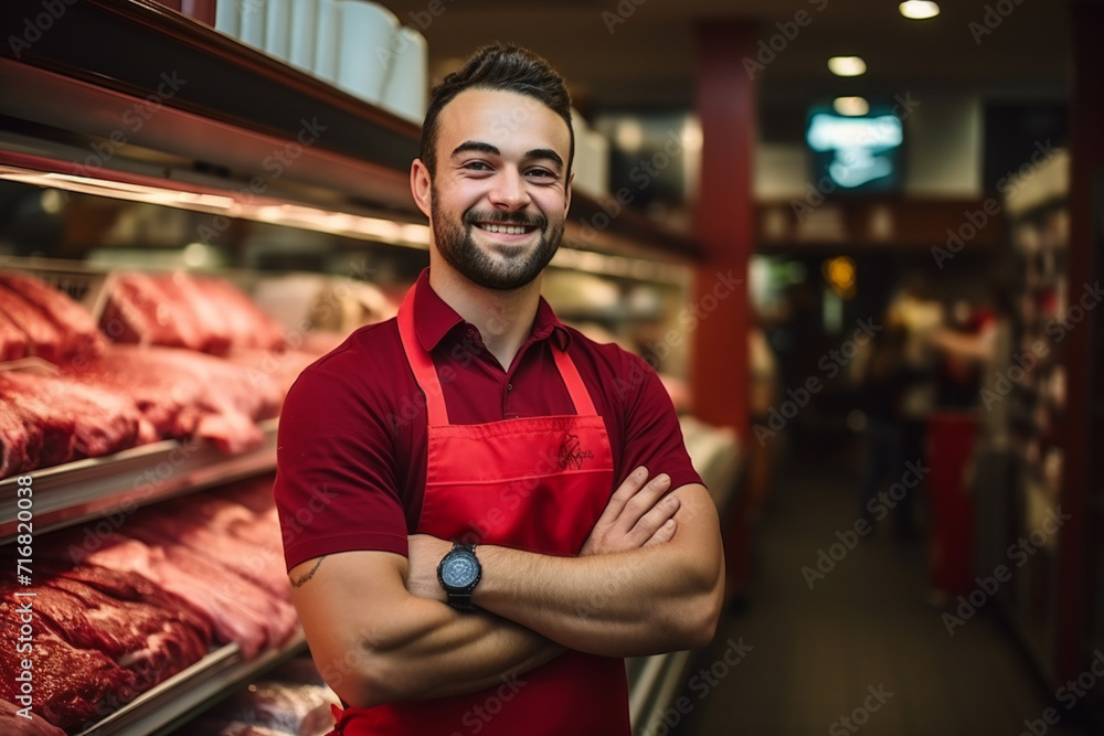 Fototapeta premium Man butcher working with raw meat in modern meat shop,ai generated