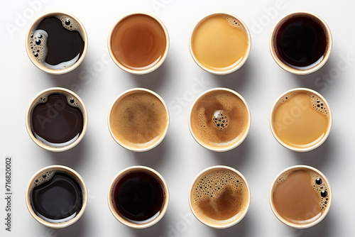 Top view, Set of paper take away cups of different black coffee isolated on white background.ai generated