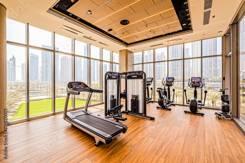 Modern gym with exercise equipment and a city view through panoramic windows offers a bright and inviting workout space.