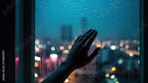 hand touches the window The night view of the city on a rainy night hotel room Generative AI