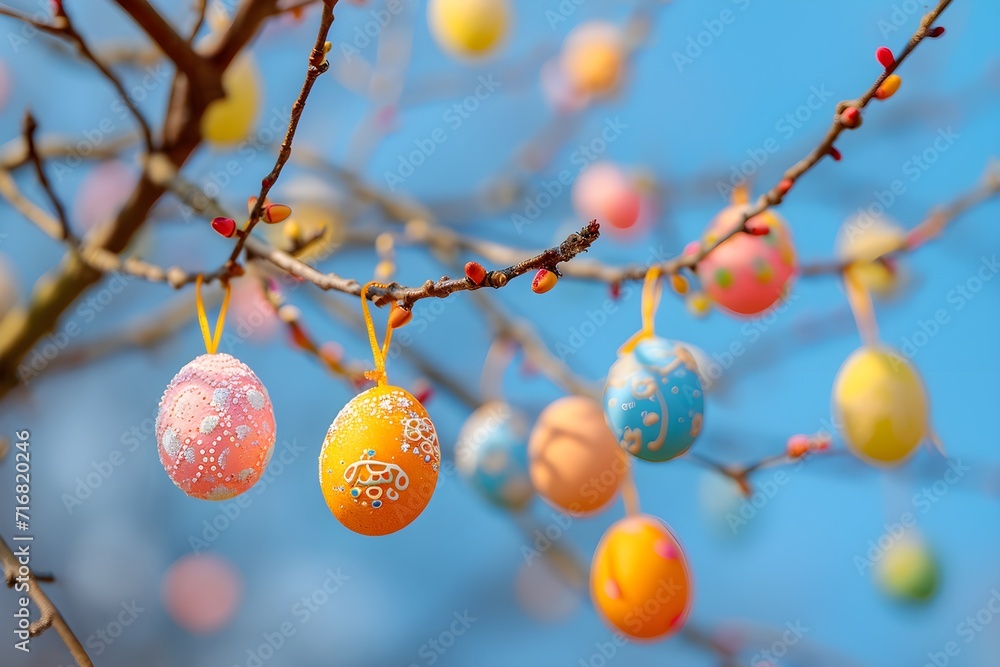 Fototapeta premium Colorful Easter Eggs Hanging on Spring Branches