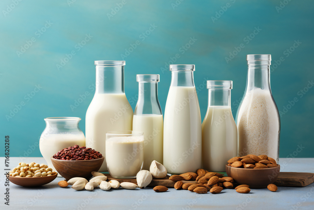 bottles with vegan milk and nuts,ai generated bottles with vegan milk and nuts,ai generated