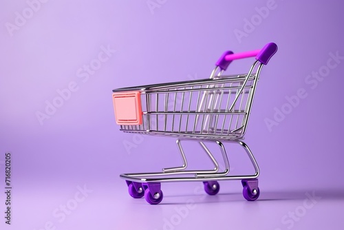 Empty shopping cart, trolley on purple background. supermarket trolley, promotion, sale symbol.