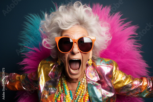 Crazy senior woman having fun doing party during holidays time,ai generated