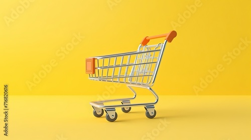 Empty shopping cart, trolley on yellow background. supermarket trolley, promotion, sale symbol.
