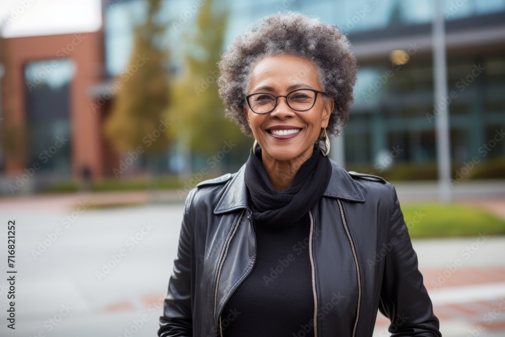 Portrait of a happy afro-american woman in her 70s sporting a stylish leather blazer against a modern university campus background. AI Generation Portrait of a happy afro-american woman in her 70s sporting a stylish leather blazer against a modern university campus background. AI Generation