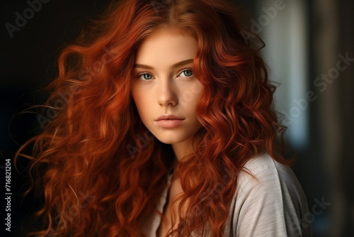 A beautiful model girl with long red curly hair,ai generated