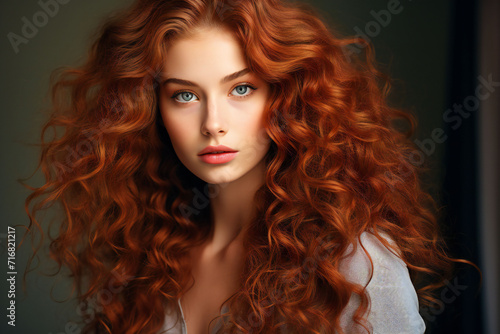 A beautiful model girl with red curly hair,ai generated