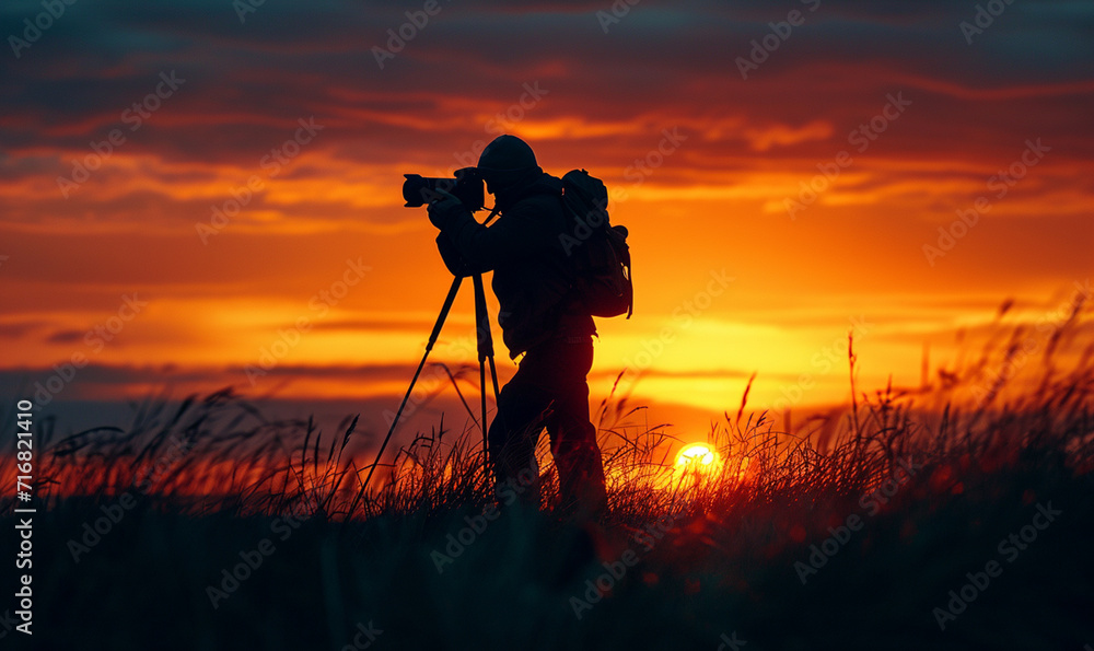 silhouette of a photographer capturing the golden hour, with camera in hand.