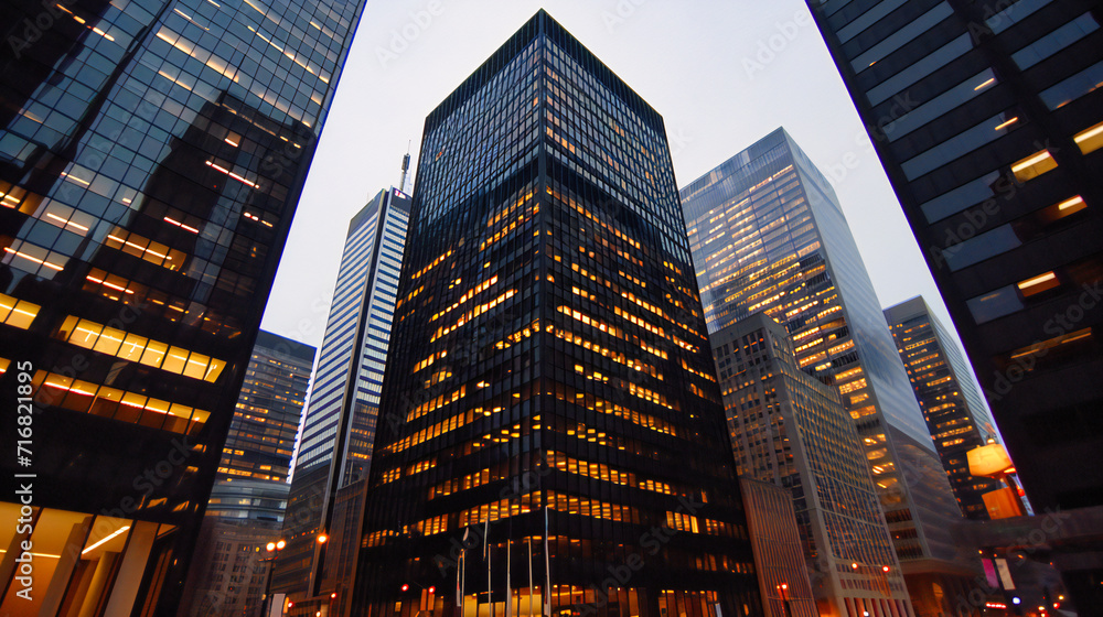 Lower Manhattan Skyline at Dusk: Skyscrapers Illuminating the Financial District, NYC