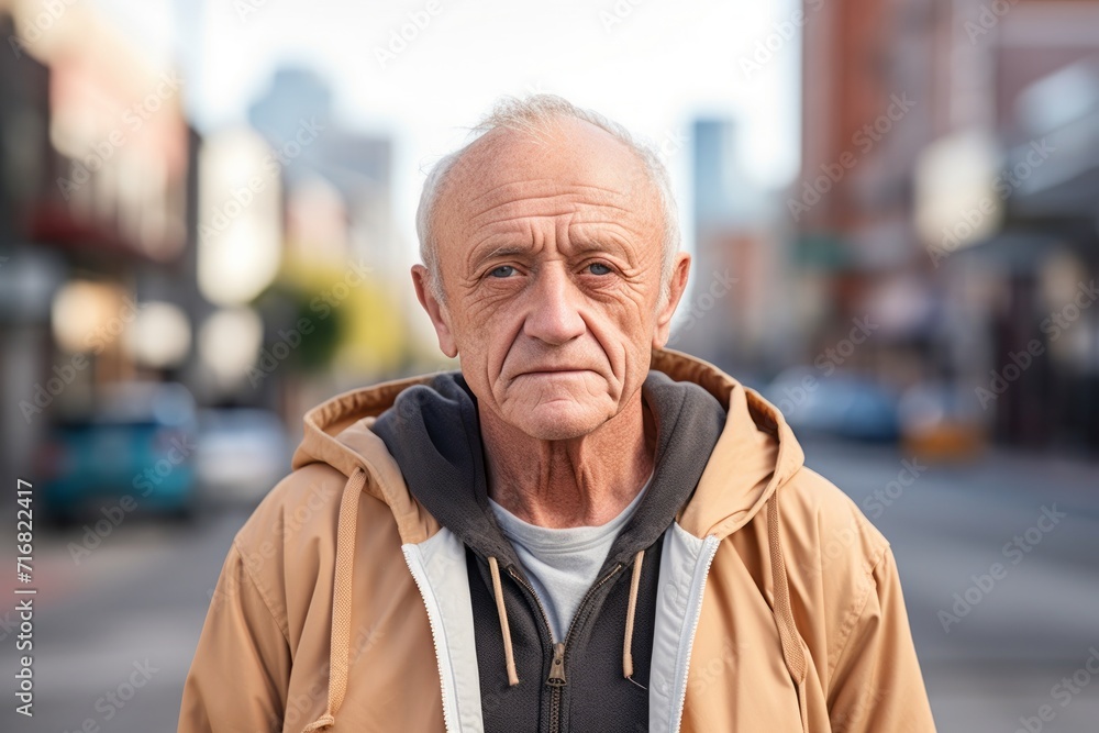 Portrait of a merry man in his 70s wearing a zip-up fleece hoodie against a bustling city street background. AI Generation Portrait of a merry man in his 70s wearing a zip-up fleece hoodie against a bustling city street background. AI Generation