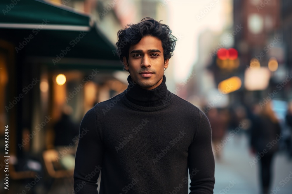 Portrait of a content indian man in his 20s wearing a classic turtleneck sweater against a bustling city street background. AI Generation Portrait of a content indian man in his 20s wearing a classic turtleneck sweater against a bustling city street background. AI Generation