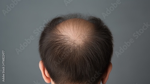 Male head with bald spot rear view. A balding man. Alopecia. Baldness after chemotherapy. Aging. Hair loss from stress
