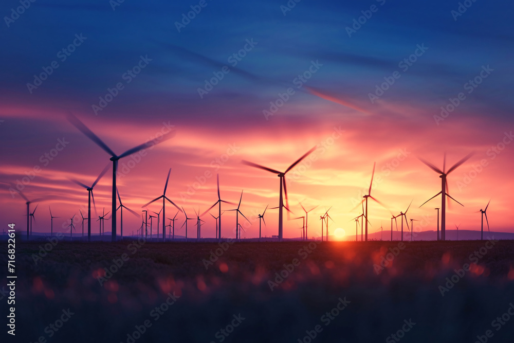 Wind turbines at sunset, motion blur