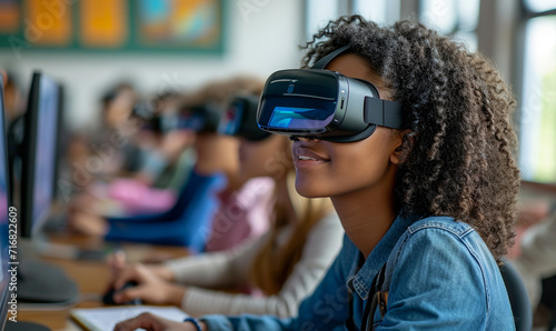 Students using VR technology in the classroom. photo
