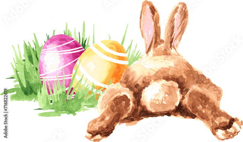 Colored Easter eggs, spring flowers and little rabbit, Hand drawn watercolor illustration isolated on white background