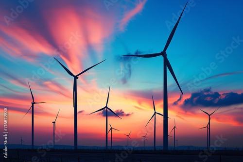 Wind turbines at sunset, motion blur