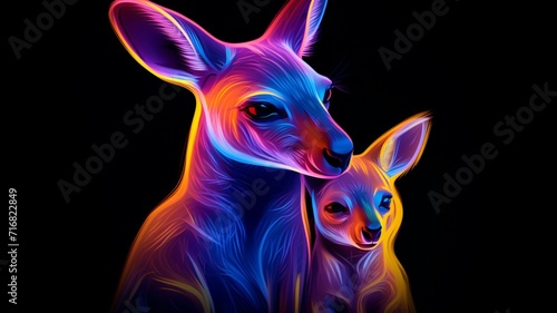 A kangaroo caressing its calf neon illustration Ai generated art