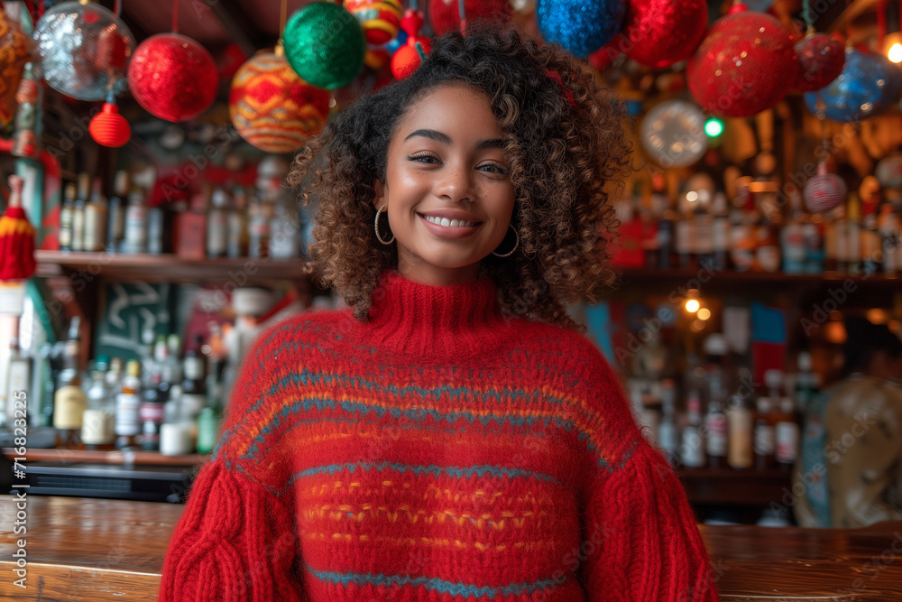Cheerful Woman in Red Knit Sweater at a Colorful Cafe Cheerful Woman in Red Knit Sweater at a Colorful Cafe
