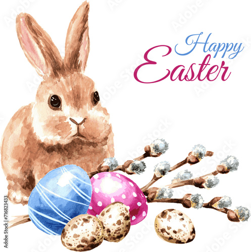 Colored Easter eggs , spring flowers and little rabbit, Hand drawn watercolor illustration isolated on white background  - копия