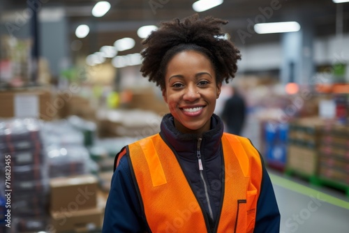 Portrait of a smiling afro-american woman in her 20s dressed in a water-resistant gilet against a busy supermarket aisle background. AI Generation