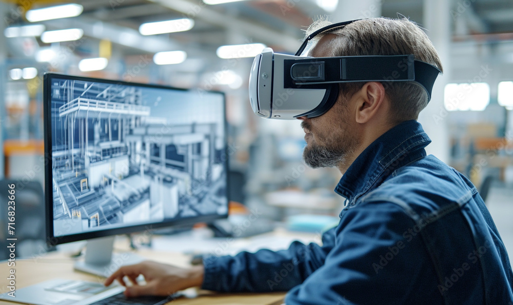 An architect using a VR headset to explore and fine-tune the virtual representation of their architectural. An architect using a VR headset to explore and fine-tune the virtual representation of their architectural.