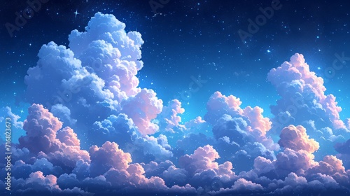 Close up view of beautiful colorful clouds, sky background, cartoon style. Fluffy clouds. Sunset, sundown background