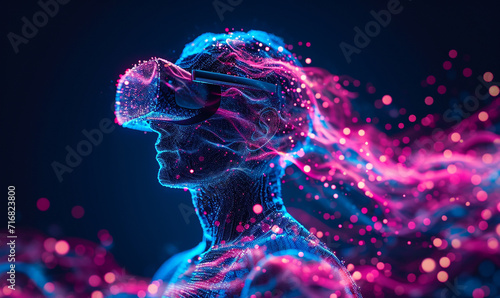 Man wearing VR glass with digital blue and pink abstract wave and dot dark background photo