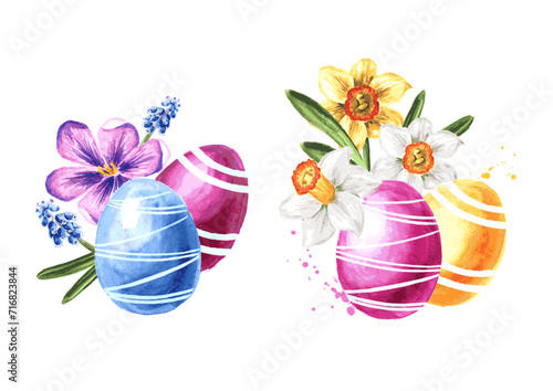 Easter colored eggs and spring flowers. Hand drawn watercolor illustration isolated on white background 