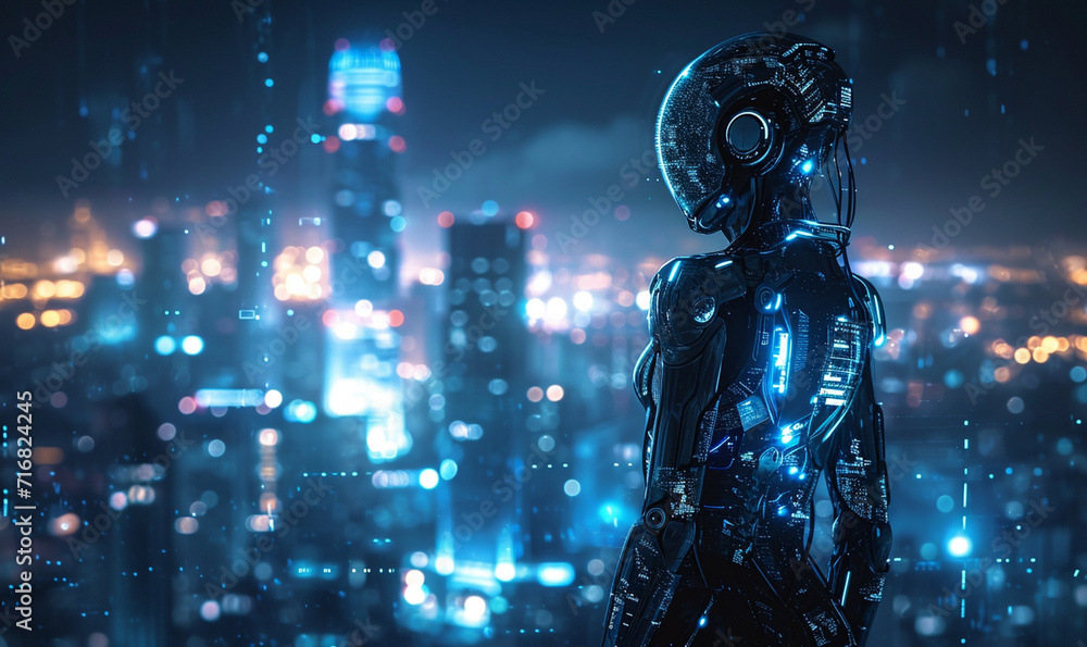 Female Cyborg learning big City hologram data on dark background. copy space Female Cyborg learning big City hologram data on dark background. copy space