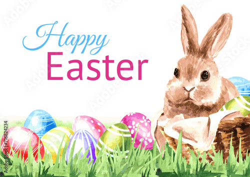Colored Easter eggs in the green grass and little rabbit, Hand drawn watercolor illustration isolated on white background  - копия