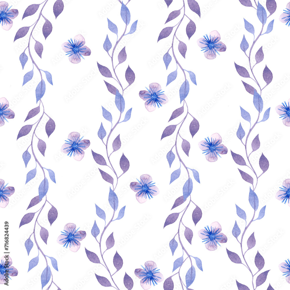 watercolor seamless pattern ornament with blue branches and flax flowers