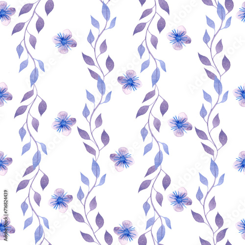 watercolor seamless pattern ornament with blue branches and flax flowers