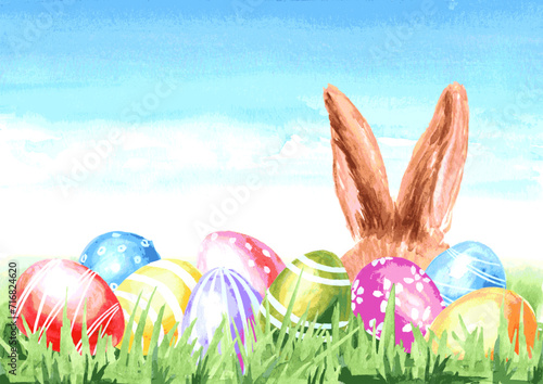 Colored Easter eggs , spring flowers and little rabbit, Hand drawn watercolor illustration isolated on white background  - копия